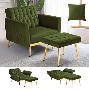 Velvet Accent Chair with Adjustable Armrests Tufted Back and Ottoman