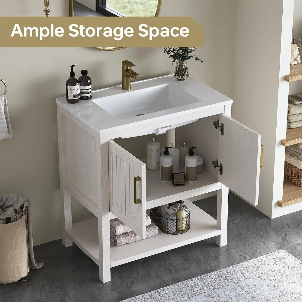 Solid Wood Bathroom Vanity With Integrated Sink And Soft Close Drawers