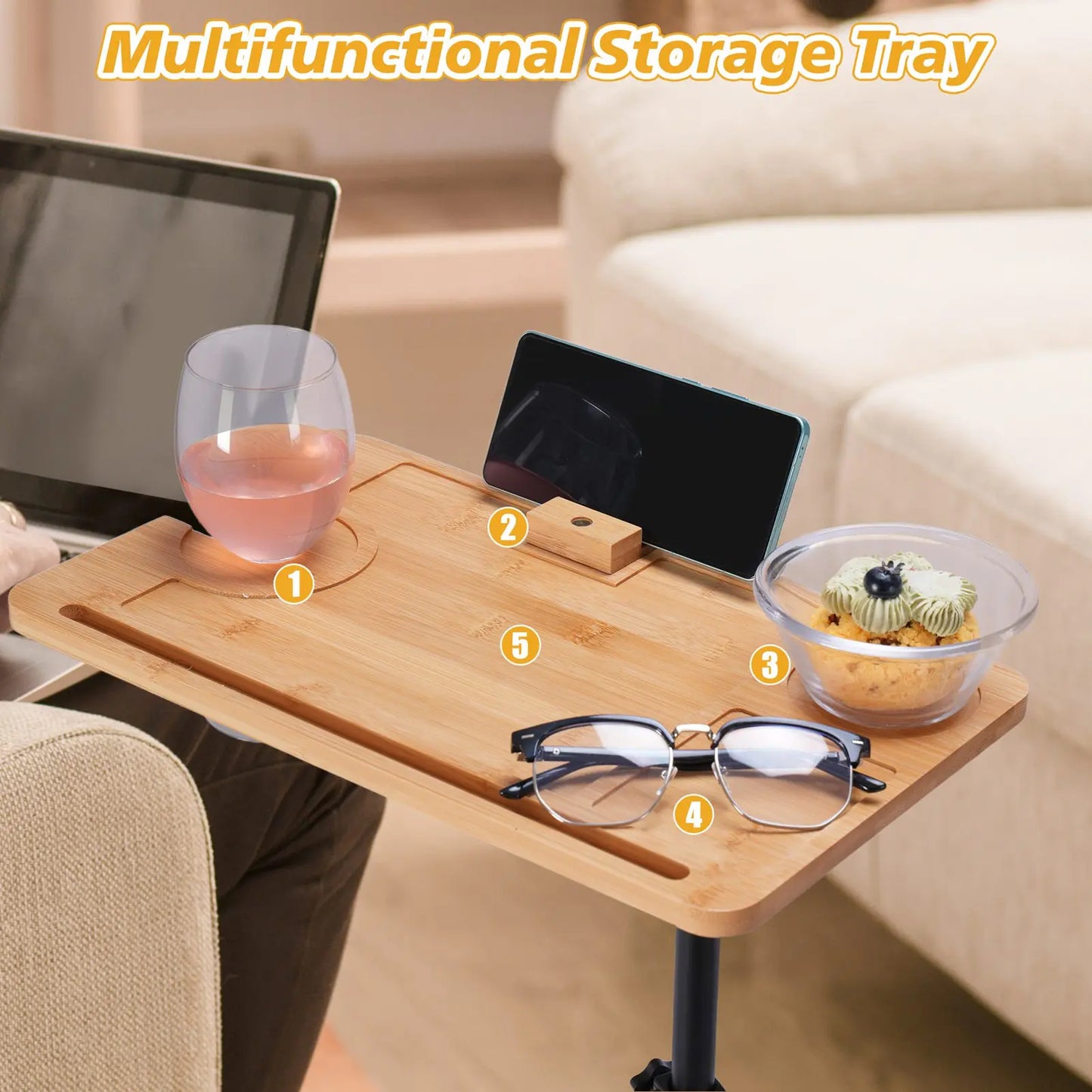 Adjustable Height Modern Sofa Side Table with Metal Frame and Wood Top
