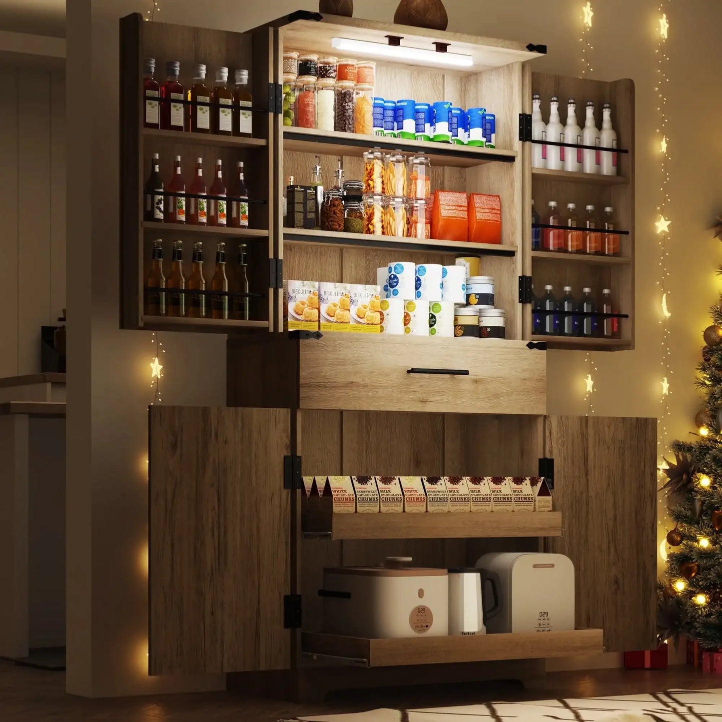 71 Inch Tall Fluted Kitchen Pantry Cabinet with LED Light and Ample Storage