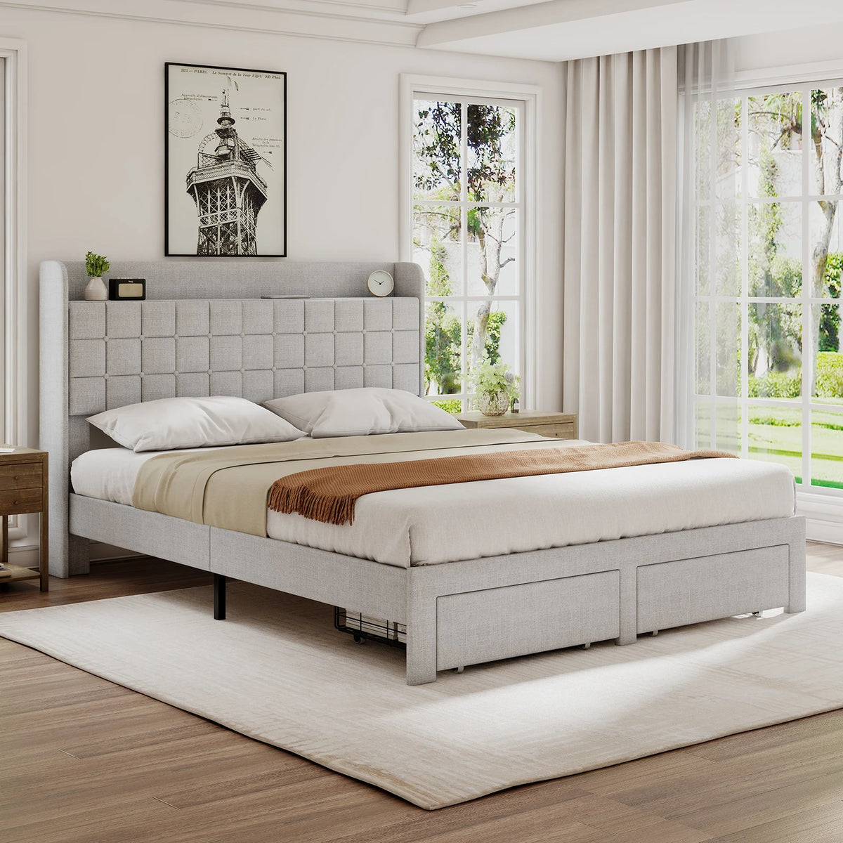 MCQ Upholstered Platform Bed Frame With Storage Drawers