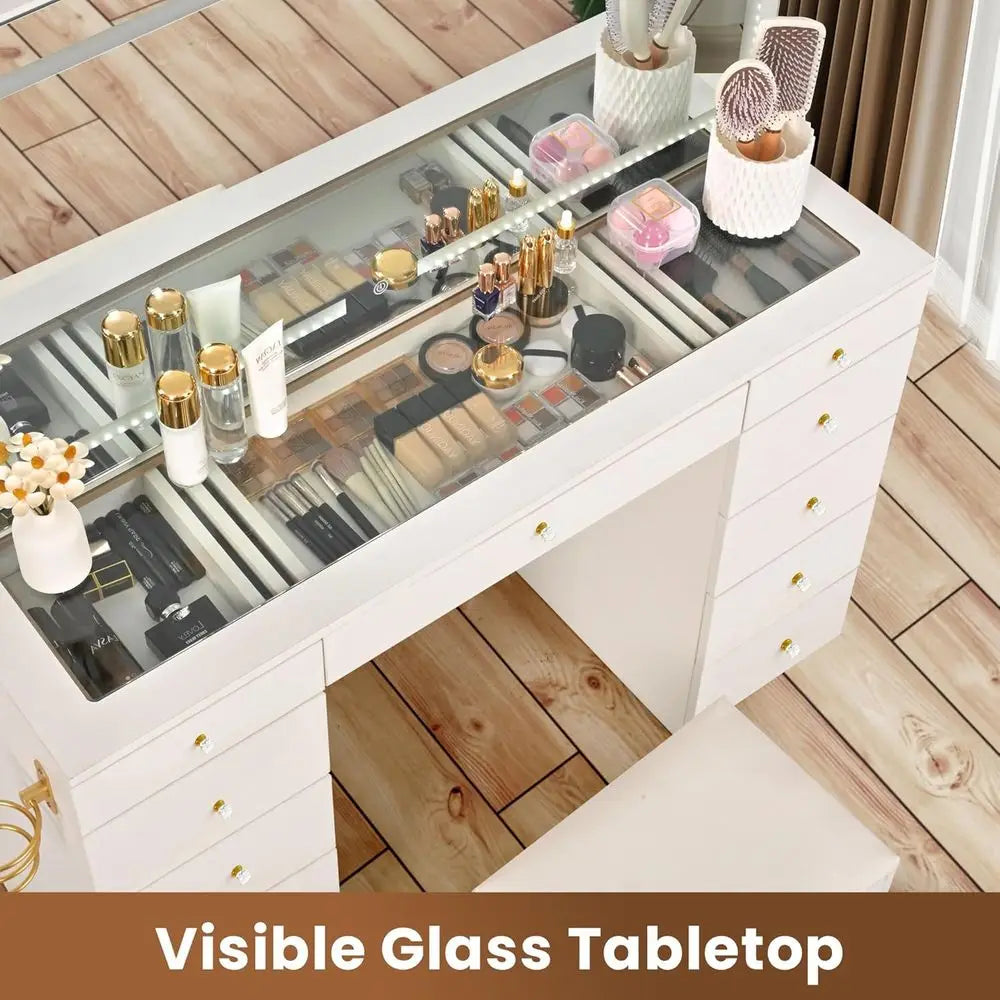 Glass Top Vanity Desk With Mirror And Built-In Lighting