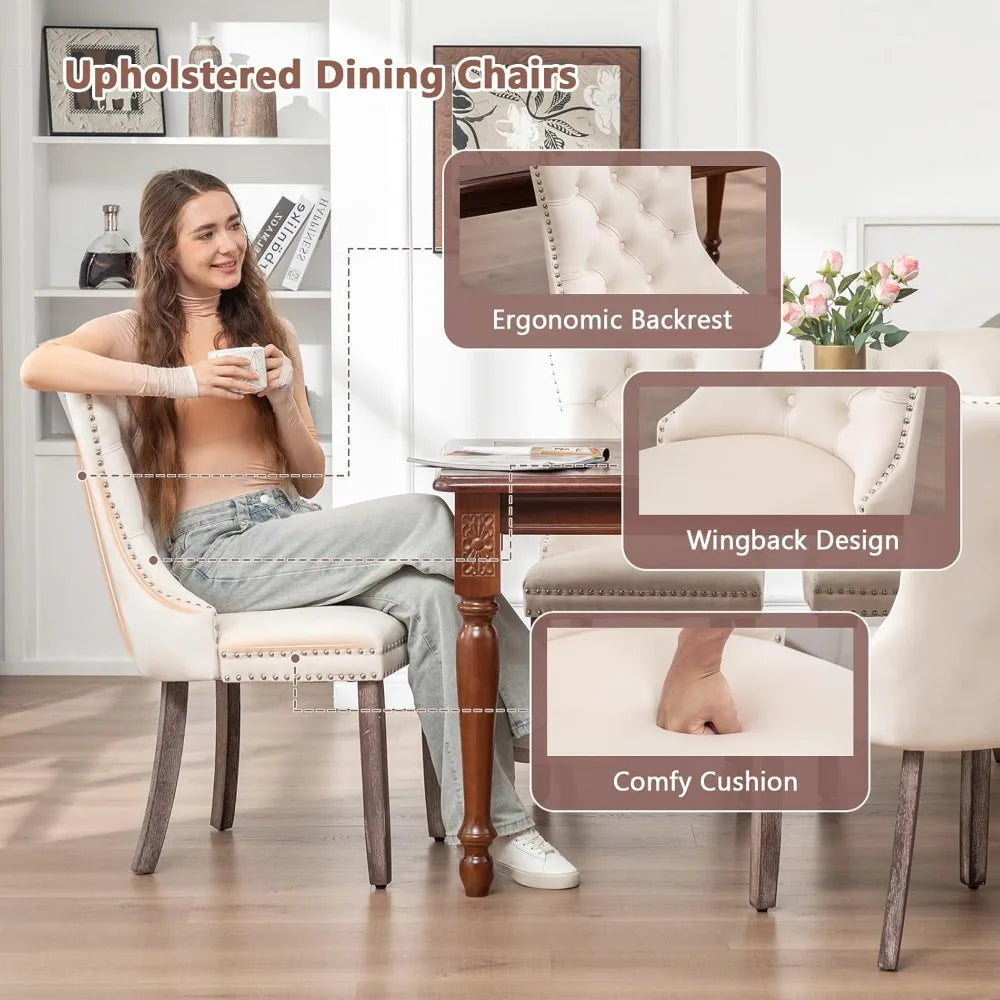 Velvet Upholstered Dining Chairs Wing Back With Nailhead Trim Tufted