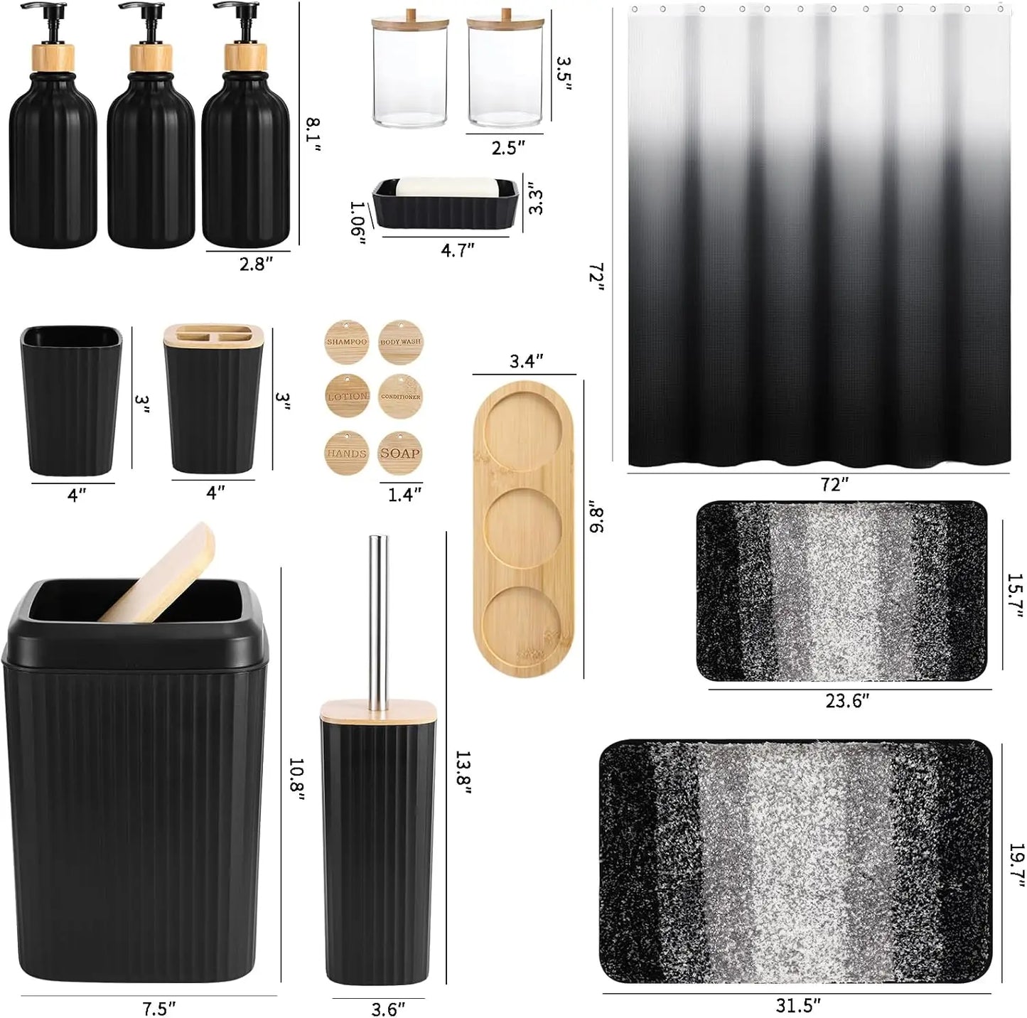 32PCS Black Bathroom Set with Shower Curtain Rugs and Stylish Accessories