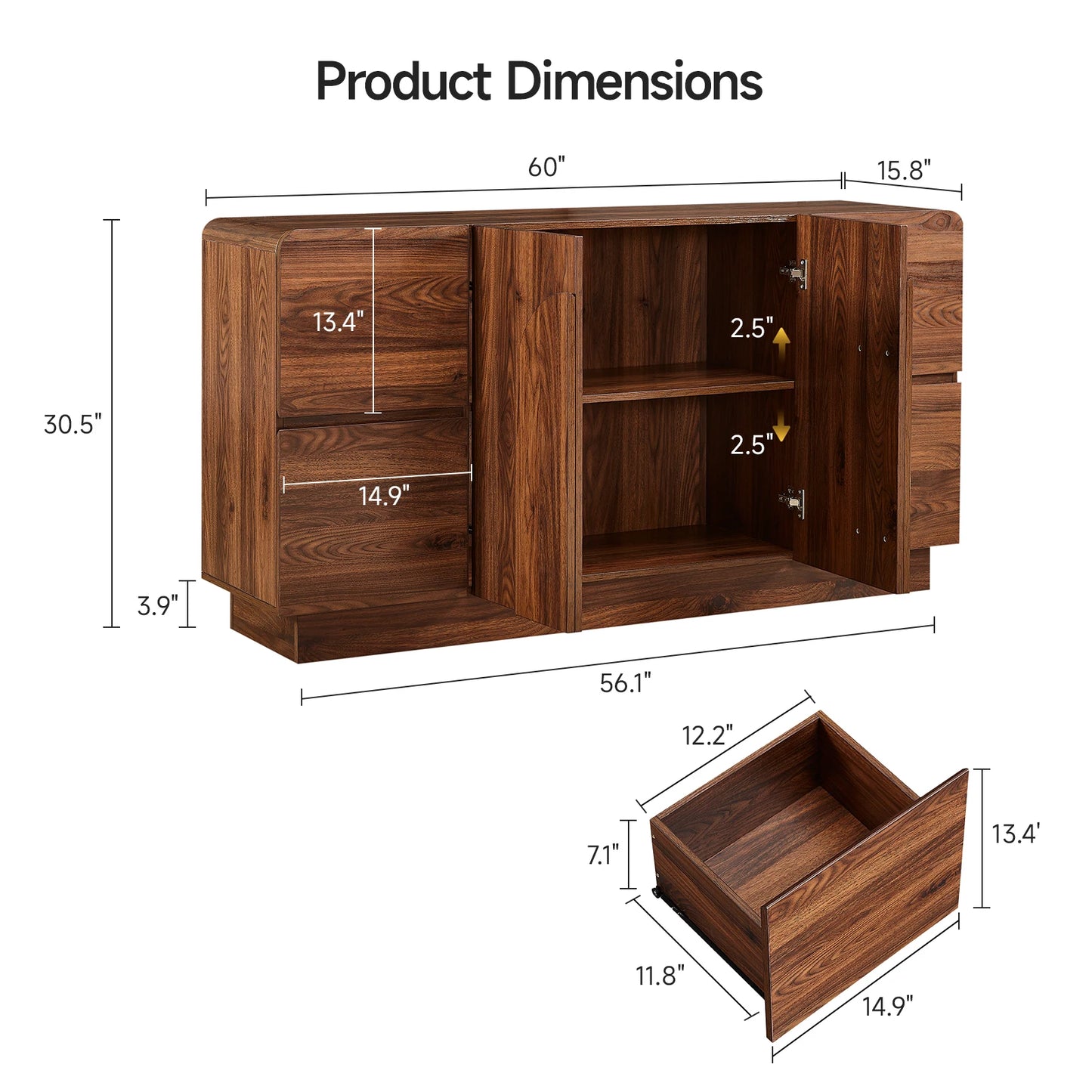 ONBRILL Modern Curved Sideboard With Arched Doors And Adjustable Shelves