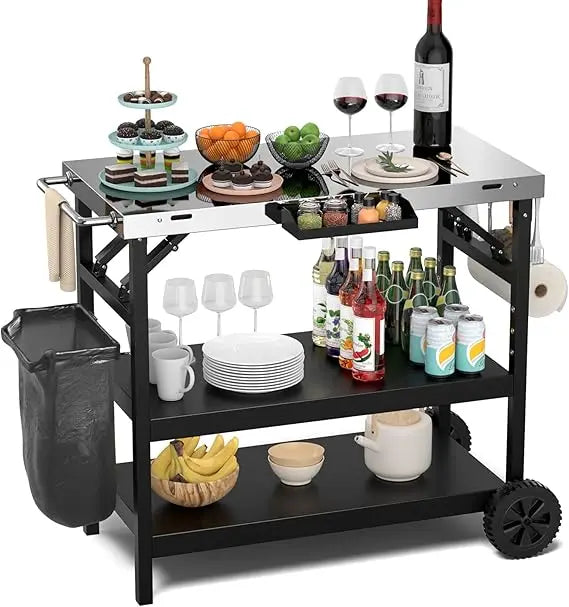Portable Outdoor Grill Stand With Wheels And Storage Shelves