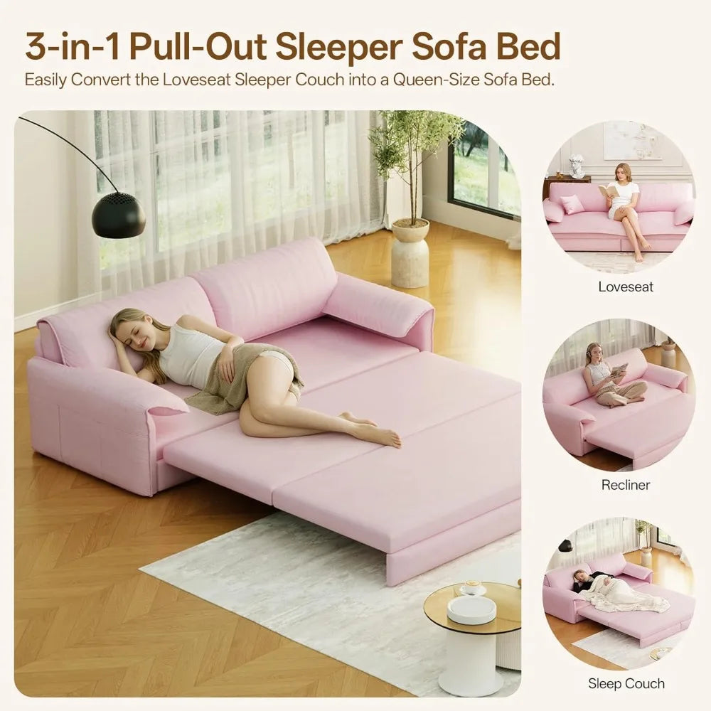 Velvet Sleeper Sofa With Storage Pockets For Living Room