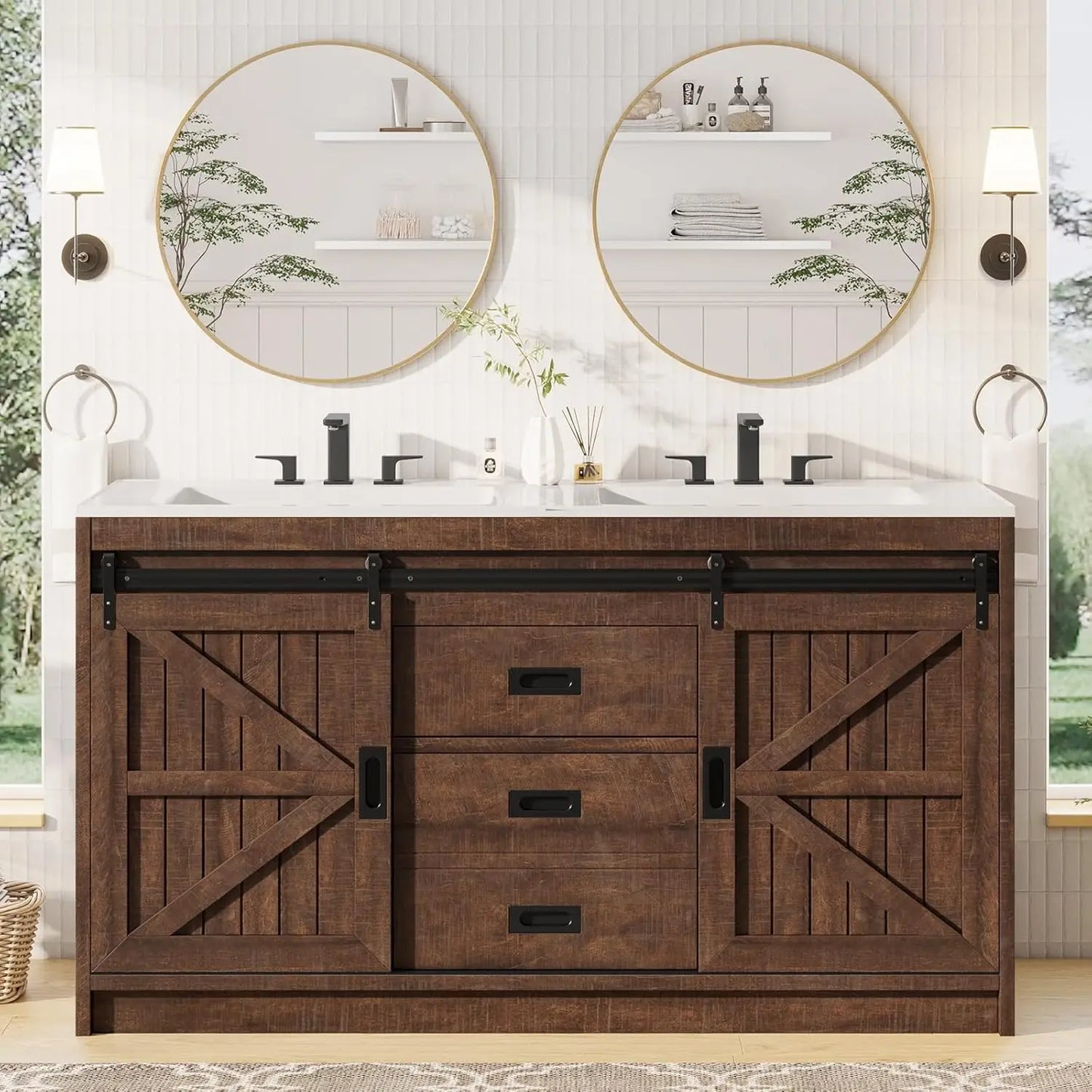 Double Vanity Sink Combo With Dual Basins Sliding Doors