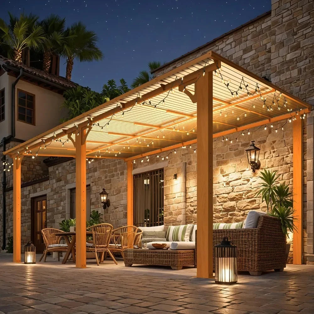 Outdoor Patio Gazebo Pergola With Wood Grain Roof Shade