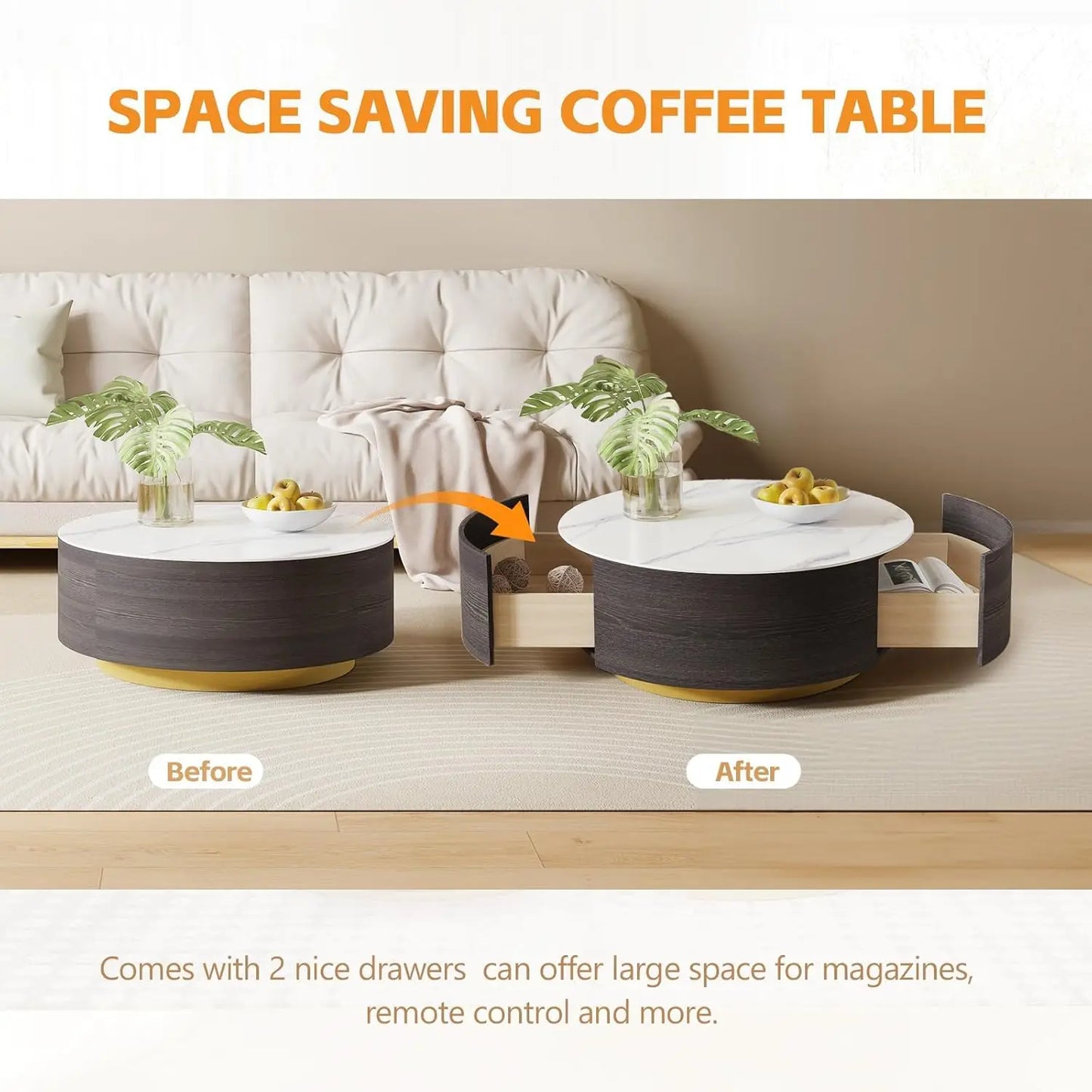 Modern Round Marble Coffee Table with Drawers and Sintered Stone Top