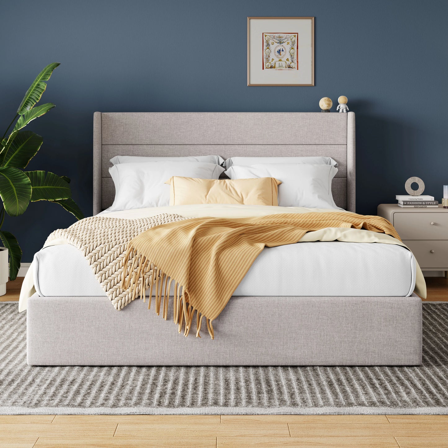 Allewie Hydraulic Lift Up Storage Bed With Wingback Headboard