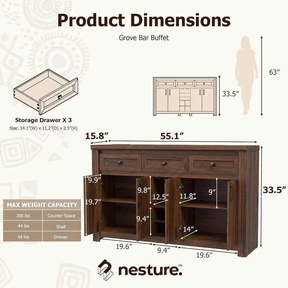 Kitchen Storage Sideboard Cabinet With Wine Rack Display Shelf
