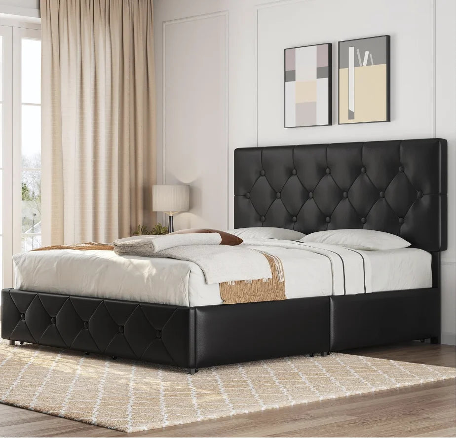 Queen Size Upholstered Bed Frame with Drawers and Adjustable Headboard