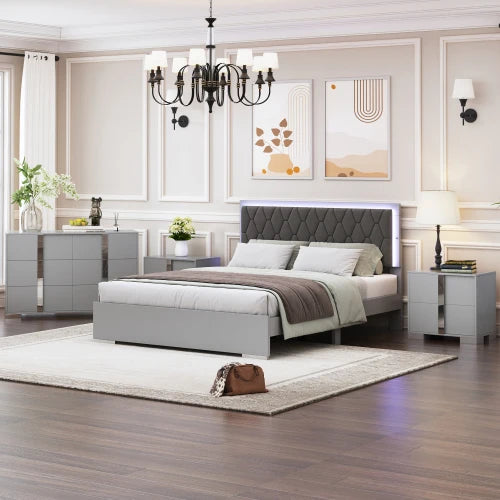 Upholstered Bedroom Set With LED Bed And Mirrored Dresser