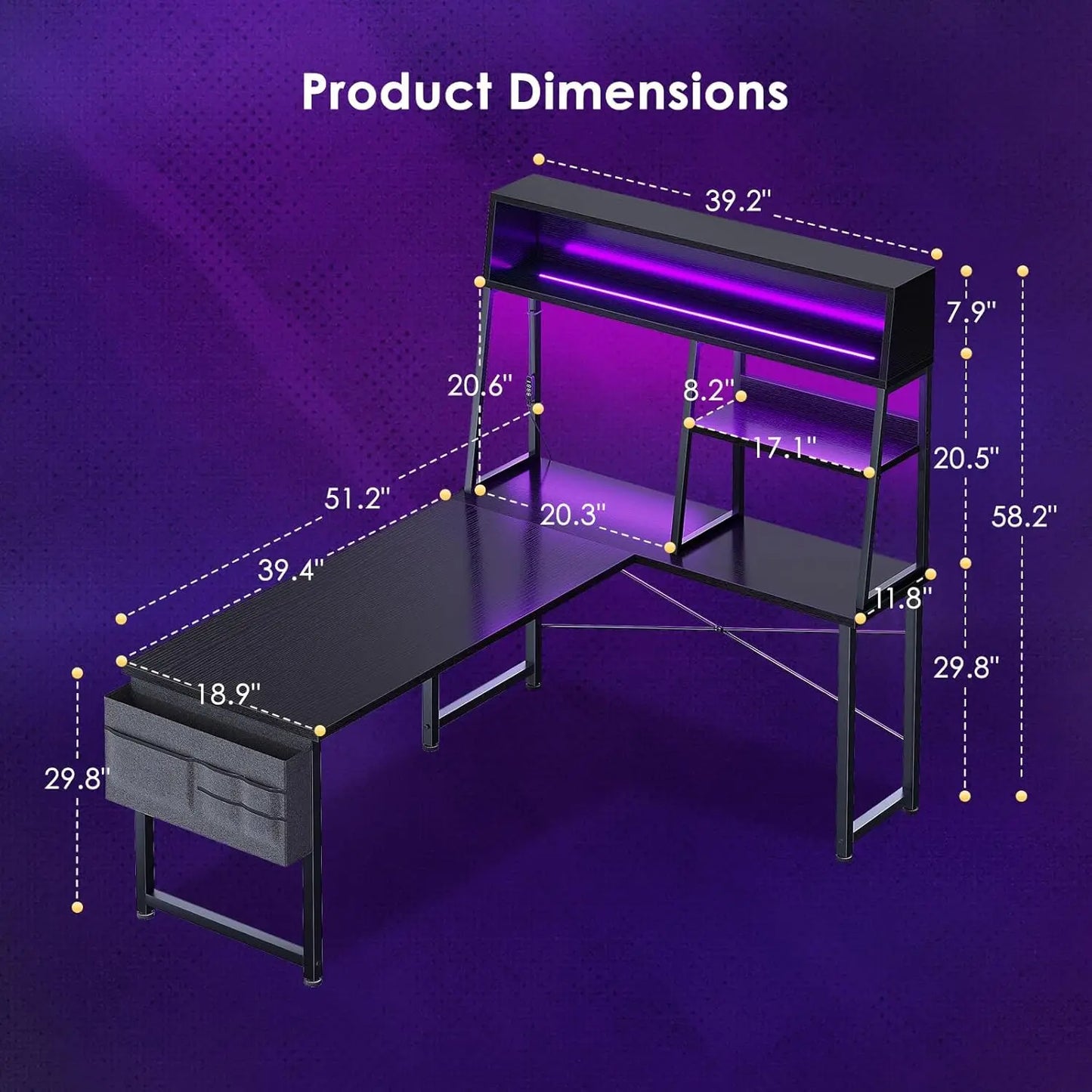 L Shaped Gaming Desk With LED Lights And ShelvingRack