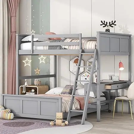 MKDK Solid Wood Bunk Bed With Desk And Storage System