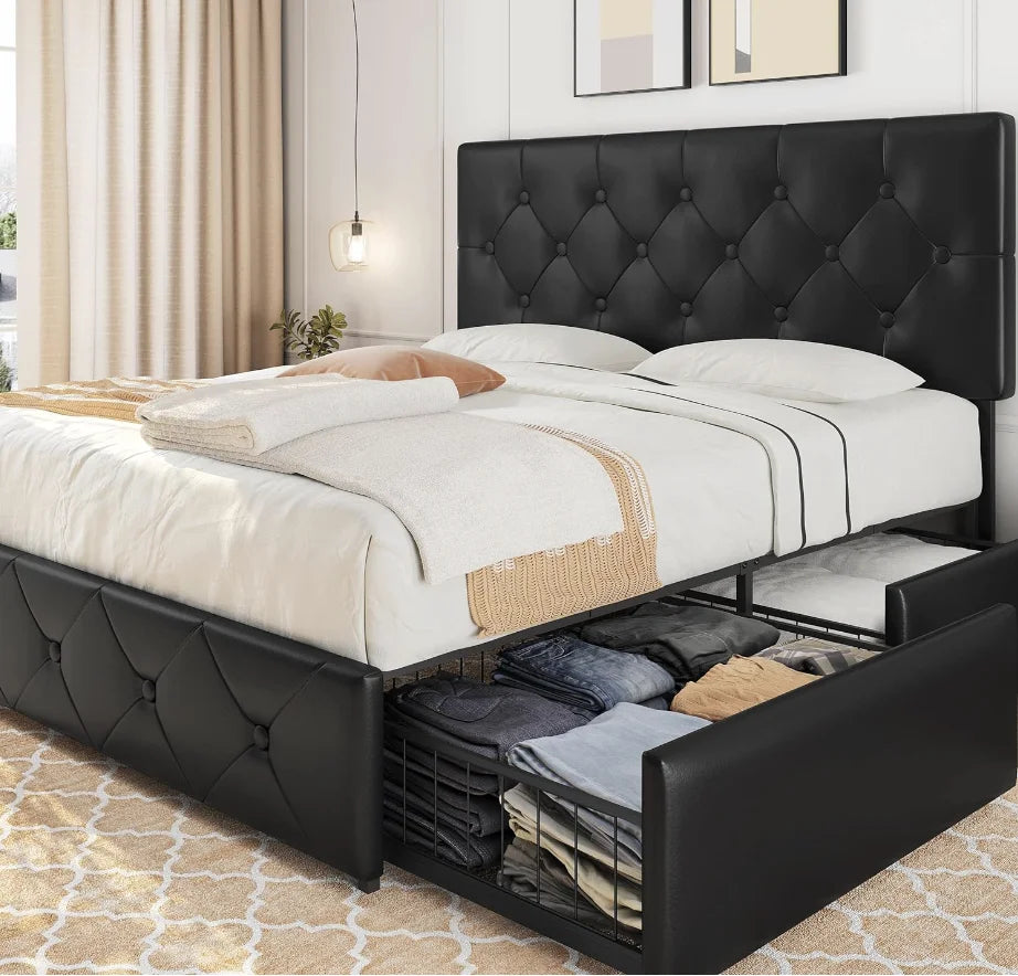 Queen Size Upholstered Bed Frame with Drawers and Adjustable Headboard
