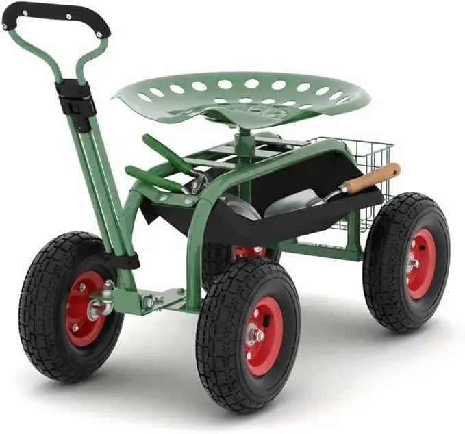 Garden Rolling Stool With Wheels Steering Handle 360 Swivel