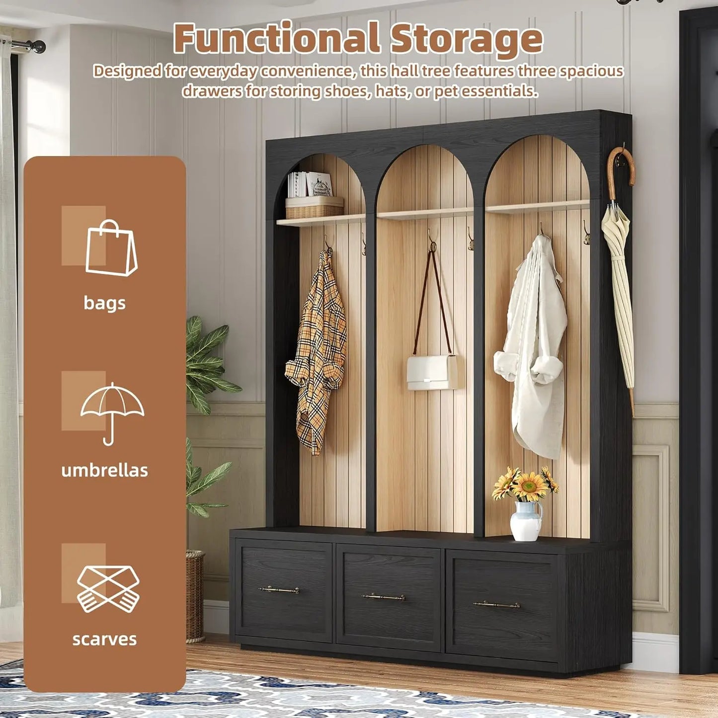 Wood Hall Tree With Eight Hooks Shoe Bench And Three Drawers Mudroom Organizer