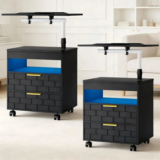 Nightstand Set With Charging Station And LED Drawers Rolling End Table
