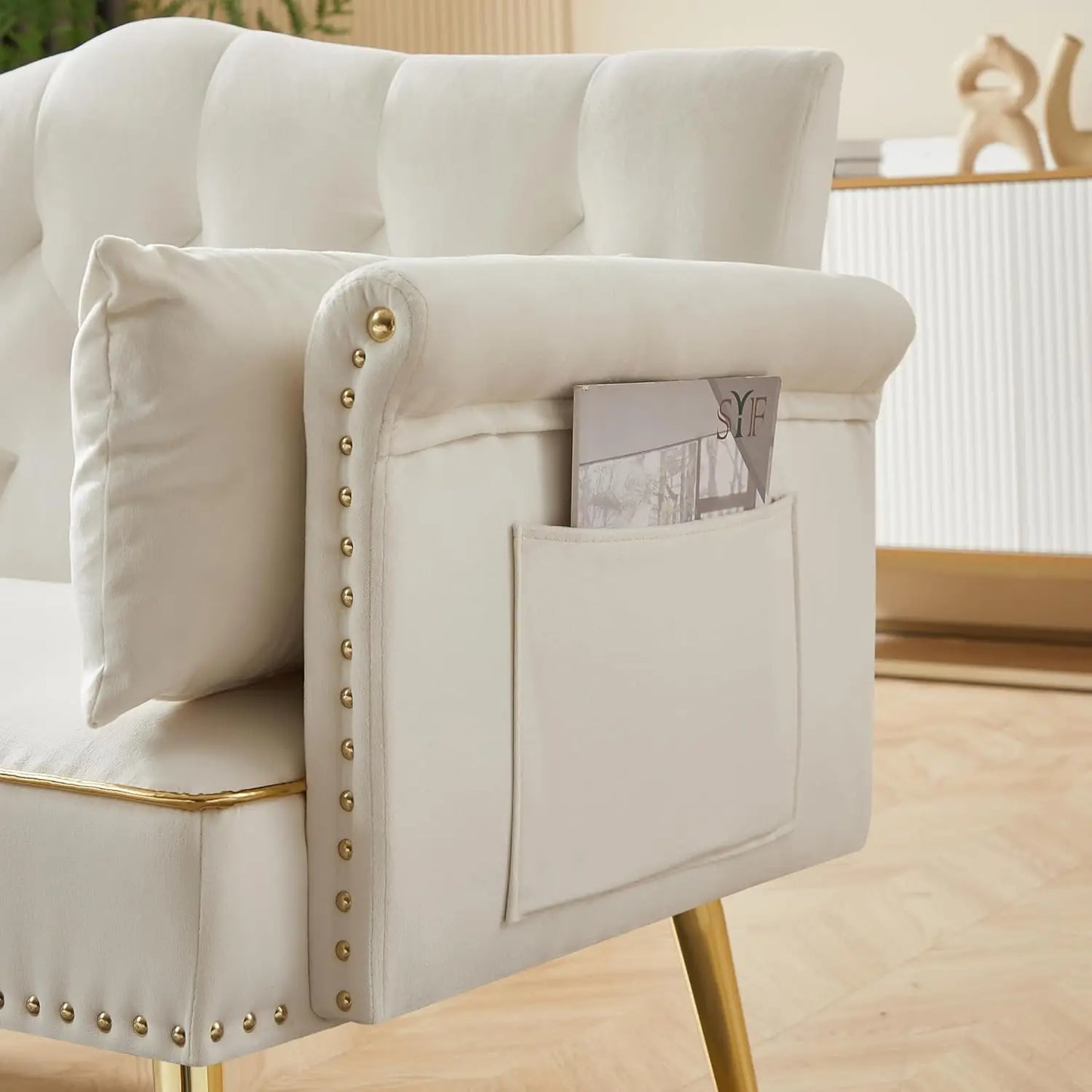 Velvet Loveseat With Gold Metal Legs And Tufted Back