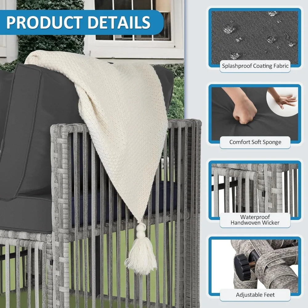7 Piece Outdoor Wicker Patio Furniture Set with Adjustable Backrest Grey Cushions