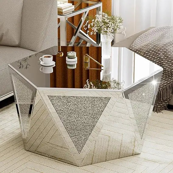 Mirrored Crushed Diamond Coffee Table Hexagon Silver