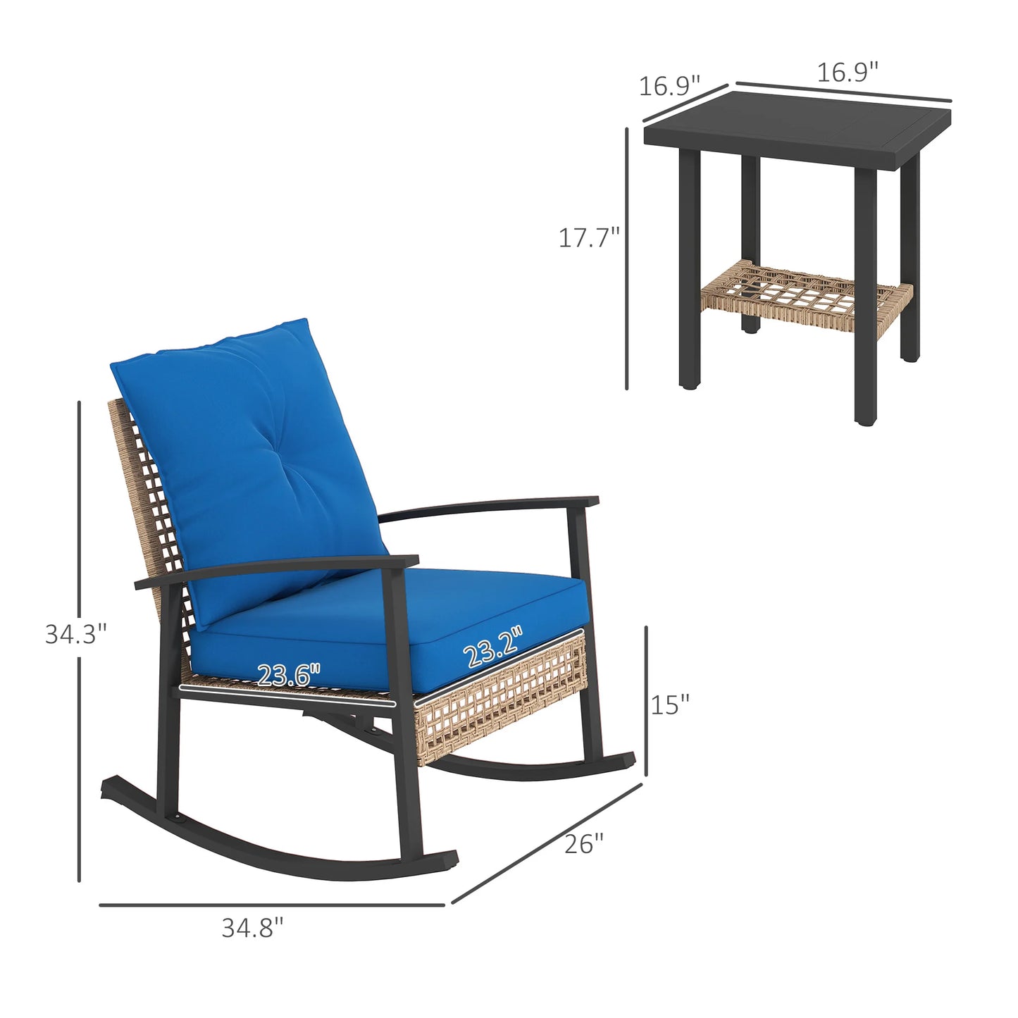 3 Pieces Bistro Set With Rattan Rocking Chairs And Coffee Table