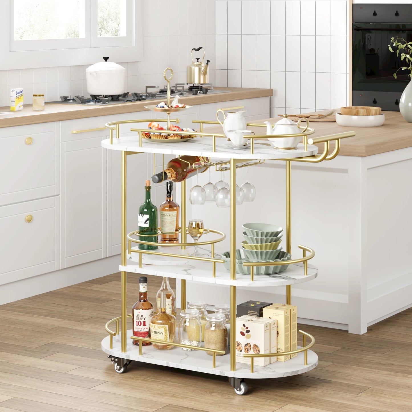 TWISTER.CK Bar Cart With 4 Tier Storage And Wine Glass Holder