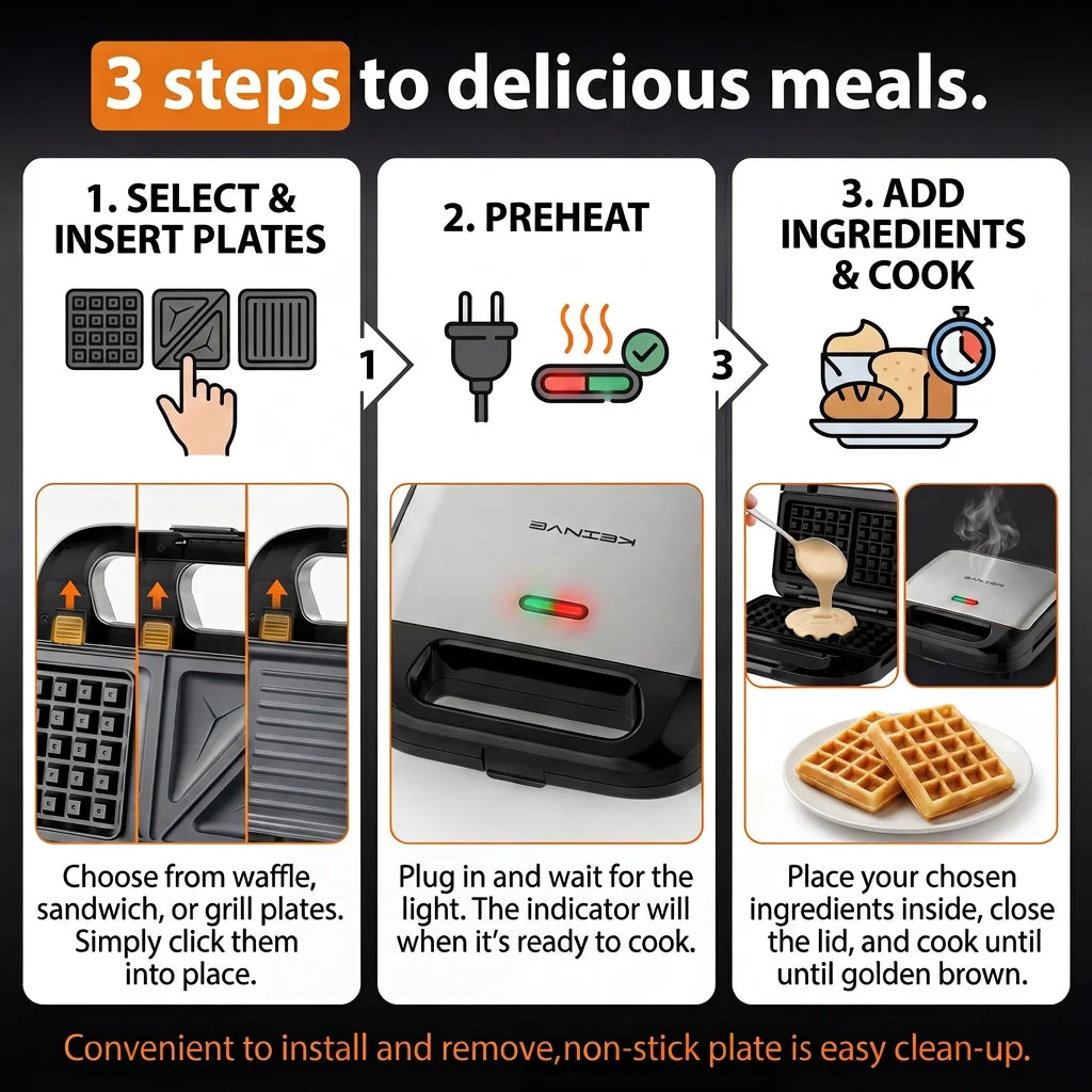 CACHOO 3-in-1 Sandwich Maker Panini Waffle Iron Grill