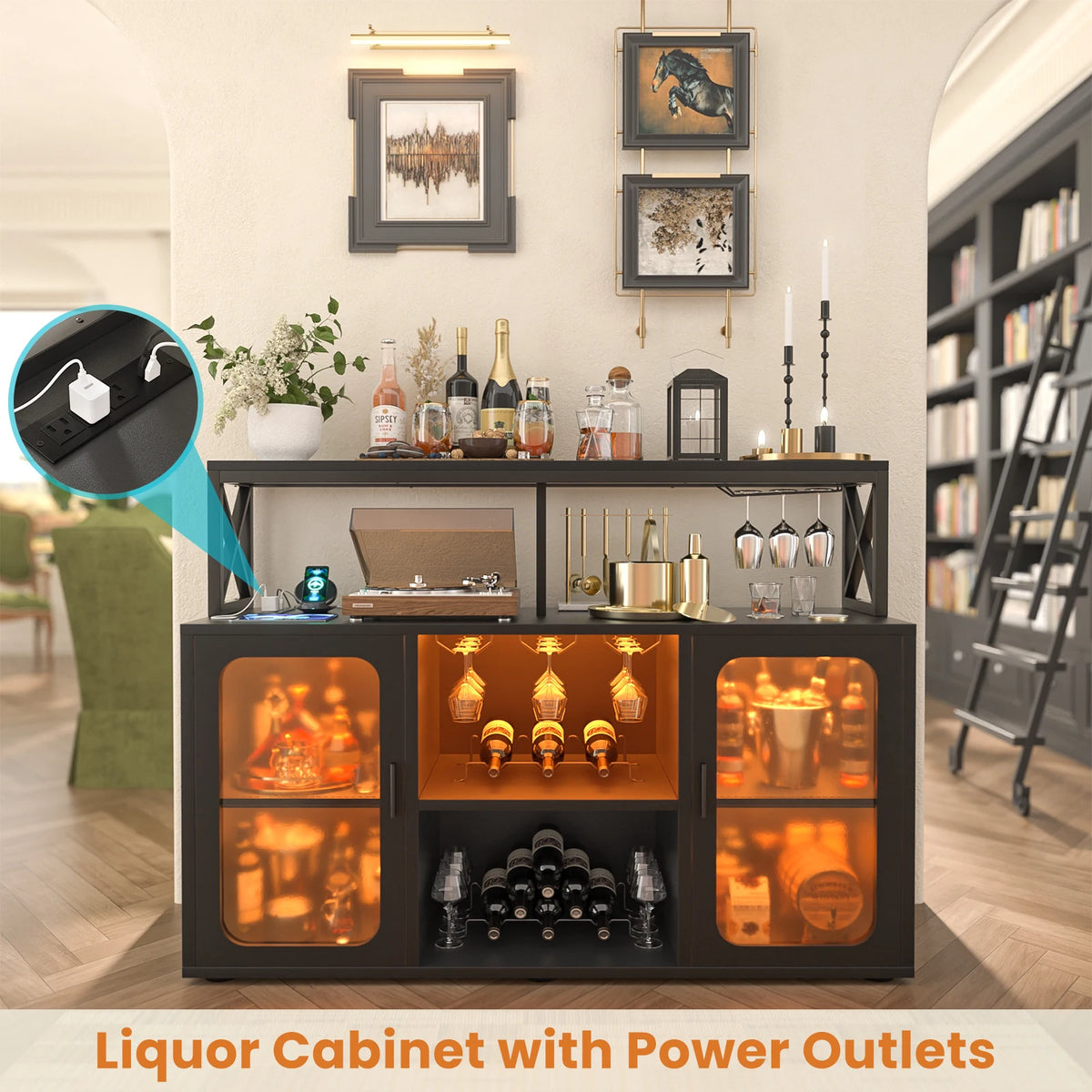 Aheaplus Bar Cabinet With LED Lights And Wine Storage