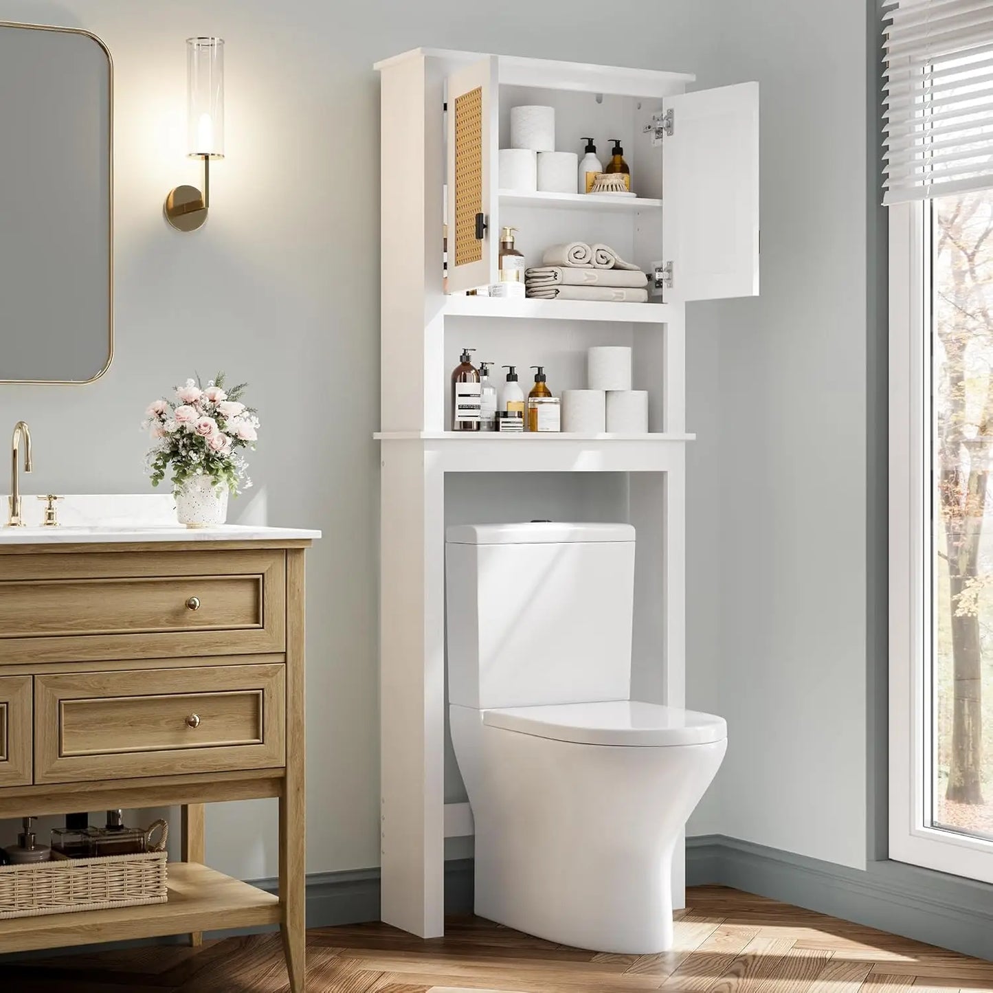 Farmhouse Over Toilet Storage Cabinet With Rattan Doors And Adjustable Shelf