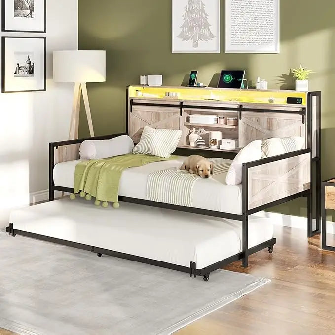 Rustic Twin Daybed with Trundle and Sliding Barn Door Headboard Featuring LED Light