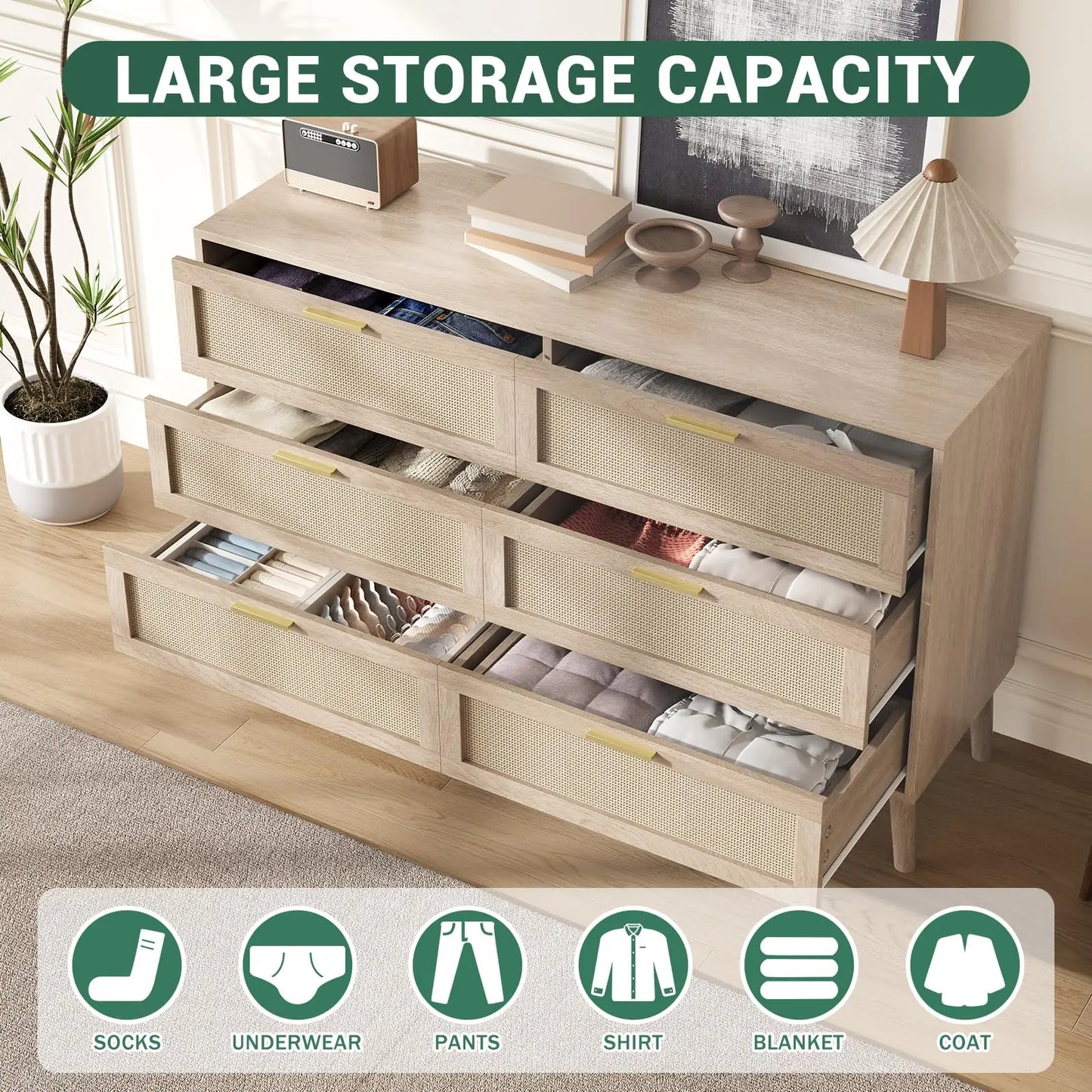 HiMISS Rattan 6 Drawer Dresser