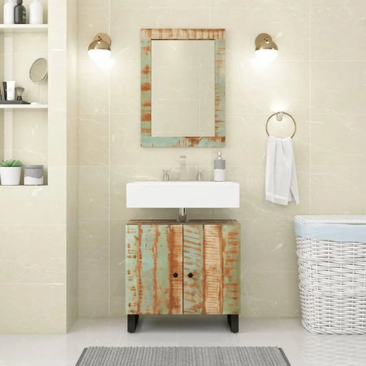 Rustic Reclaimed Wood Bathroom Furniture Vanity And Mirror Set