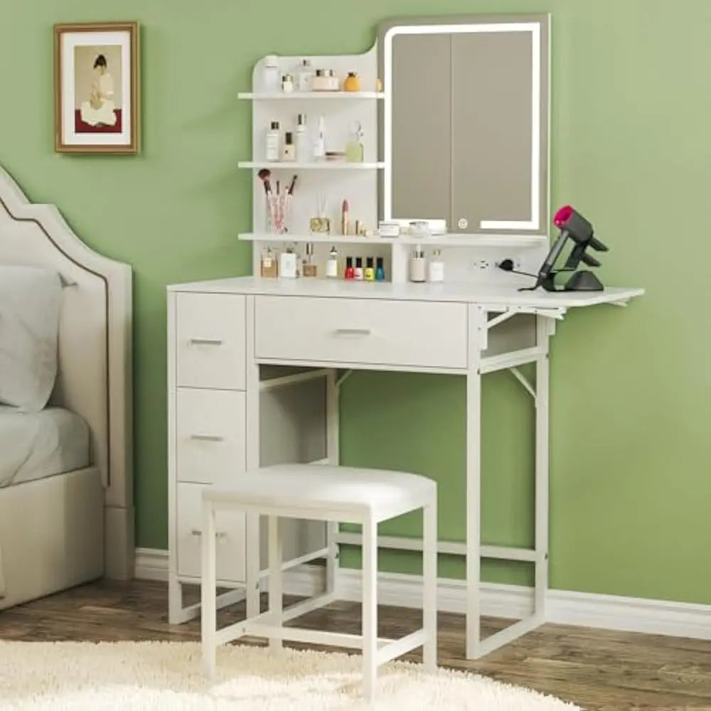 Makeup Vanity with Foldable Panel and Power Outlet