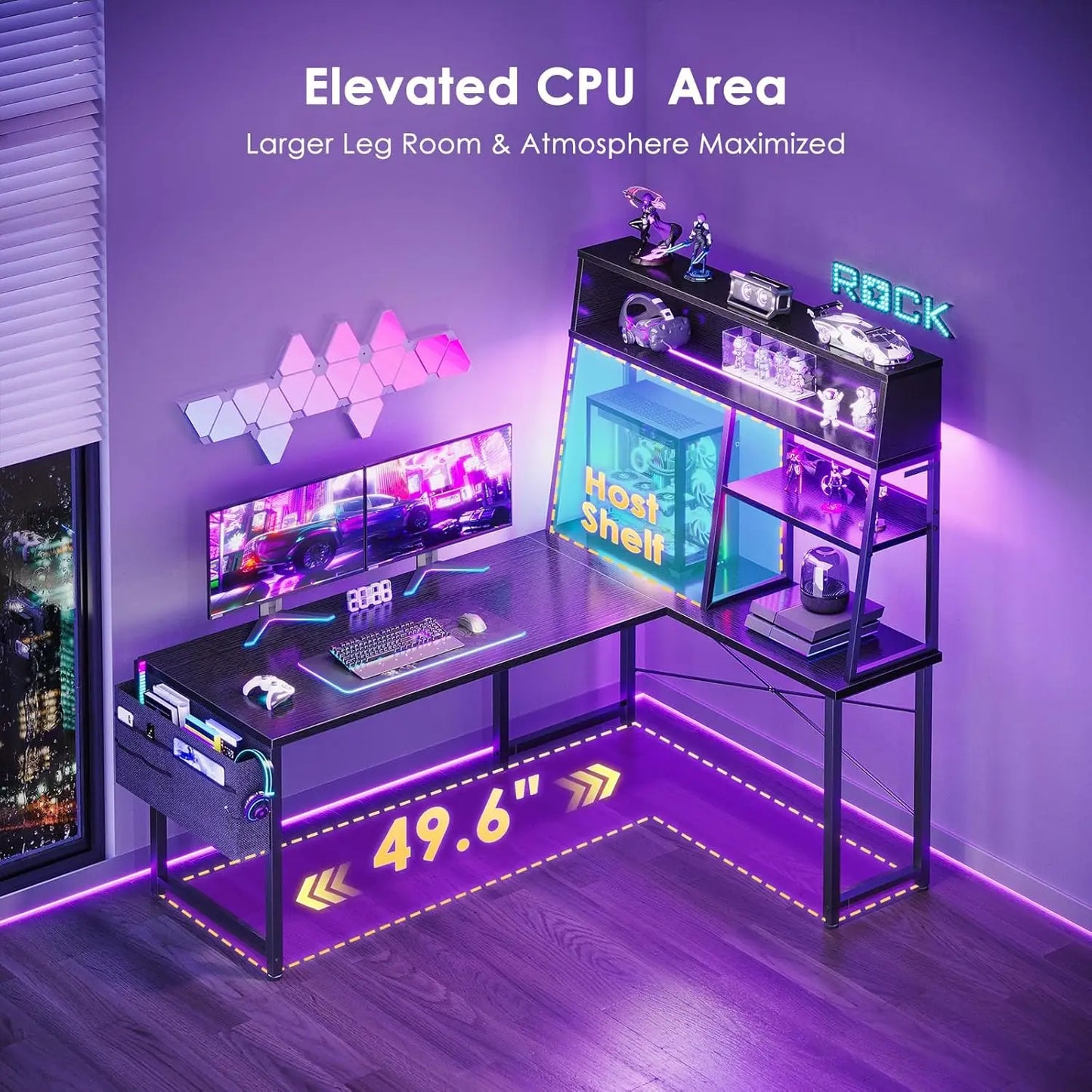 L Shaped Gaming Desk With LED Lights And ShelvingRack
