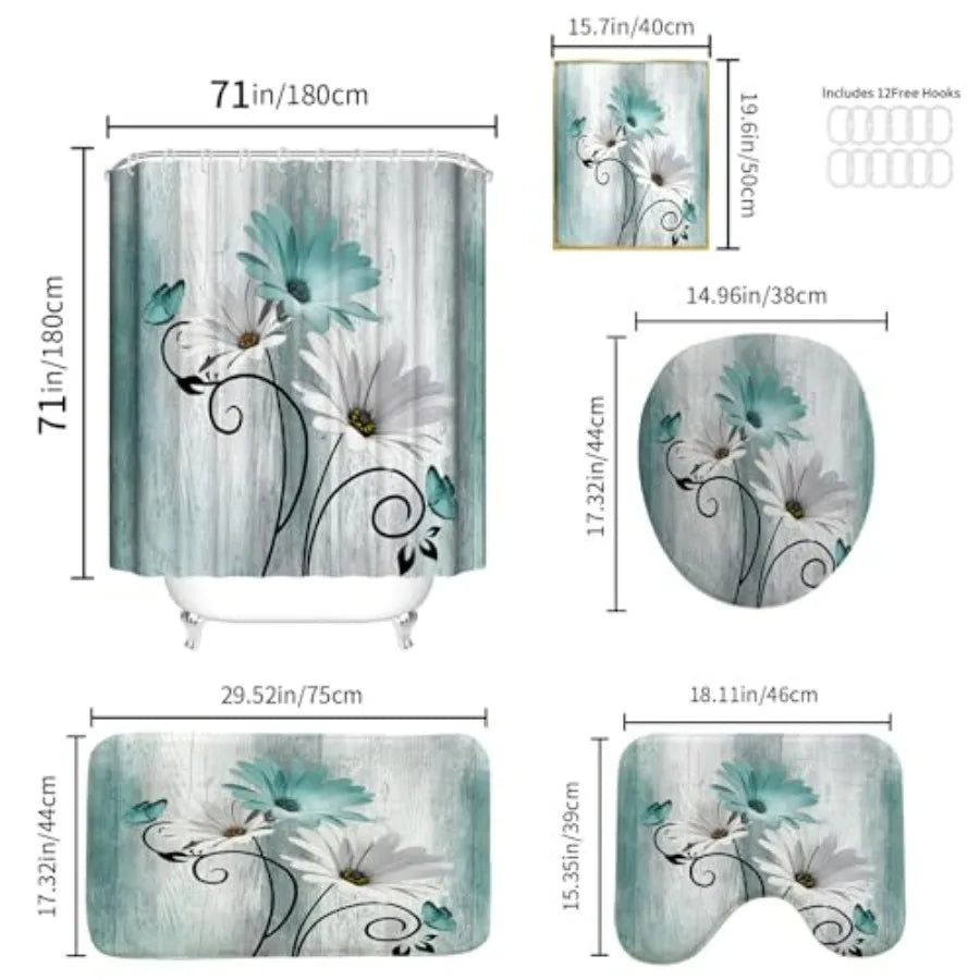 Five Piece Daisy Shower Curtain Set With Luxury Rugs