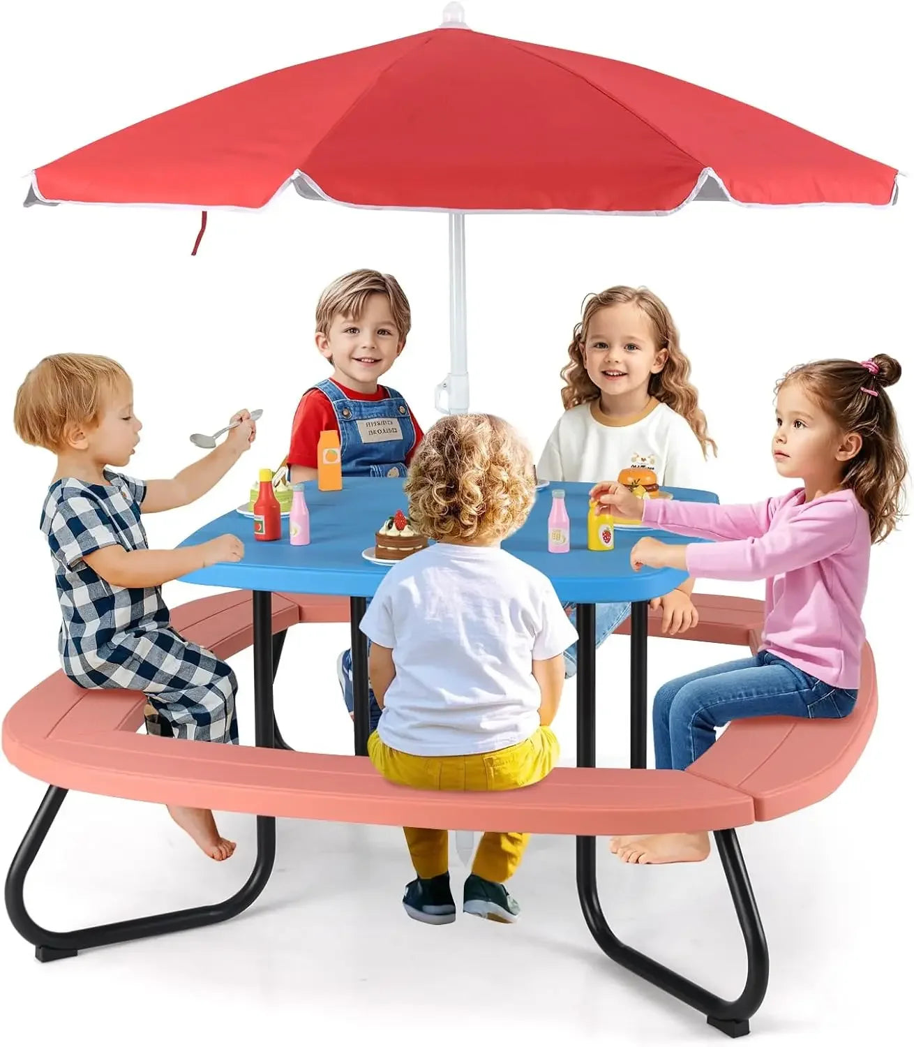 ANGDUO Kids Picnic Table Outdoor Table and Chair Set with Removable Umbrella and Metal Frame