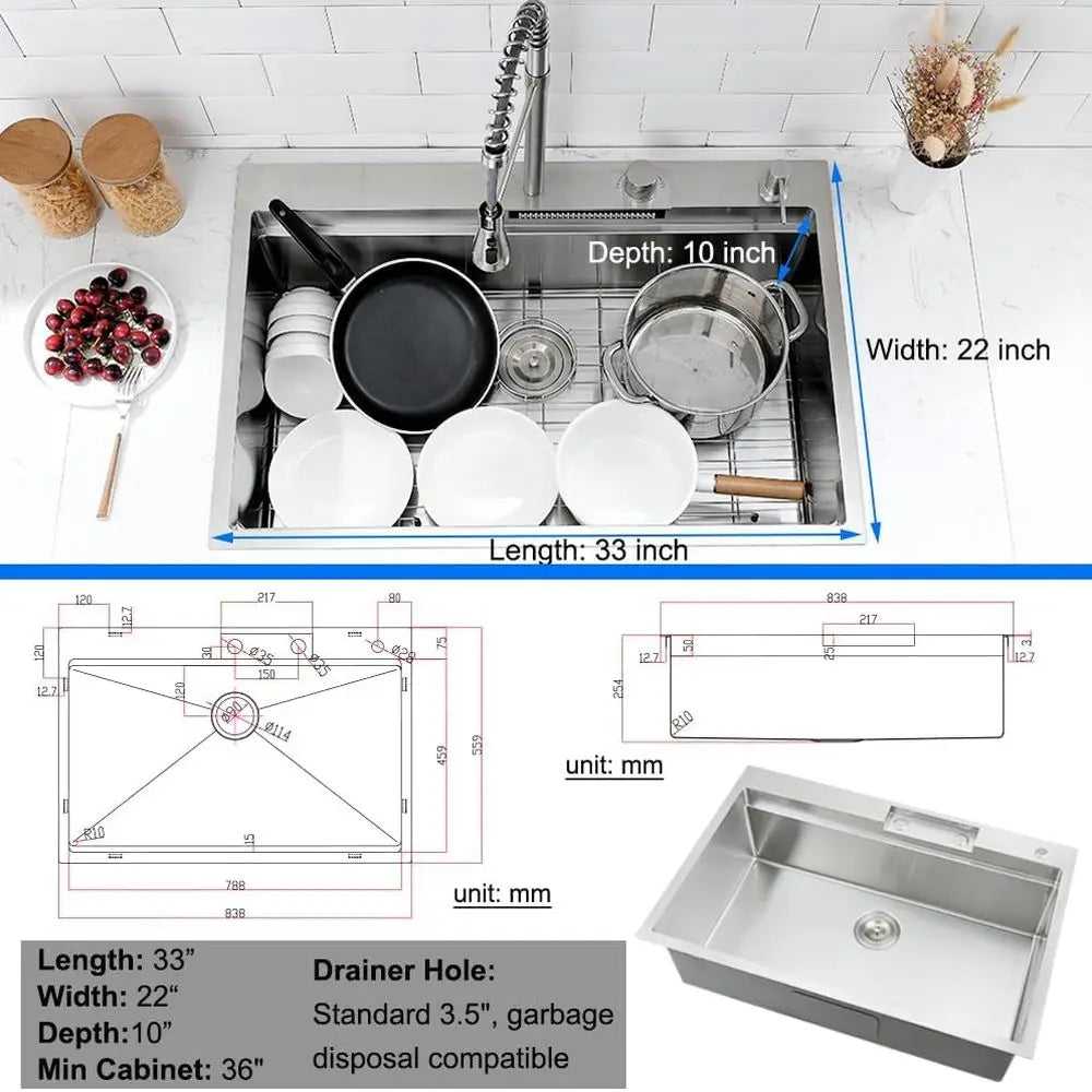 Waterfall Stainless Steel Drop In Kitchen Sink With Faucet Workstation