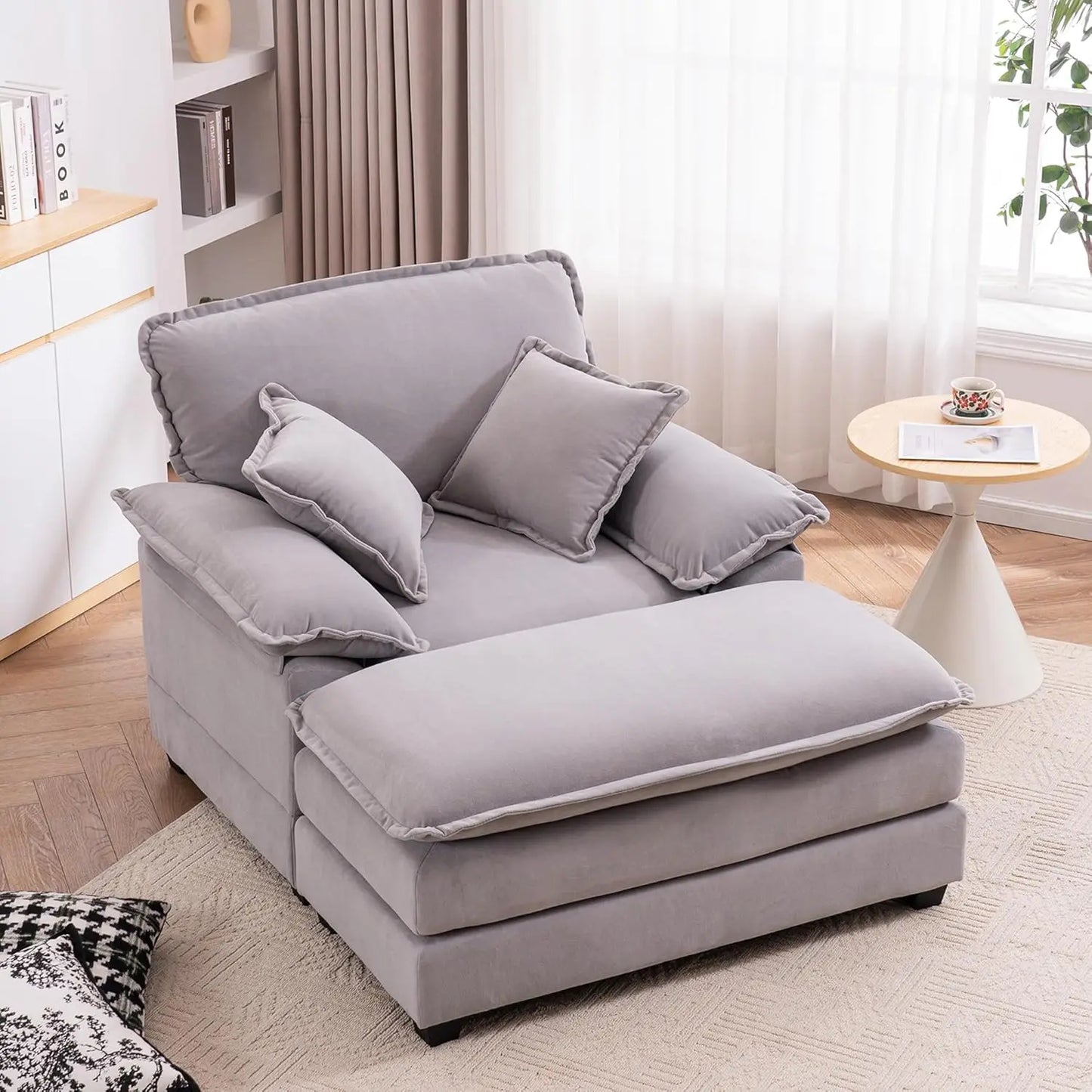 Oversized Chaise Lounge Chair With Ottoman In Velvet Upholstery