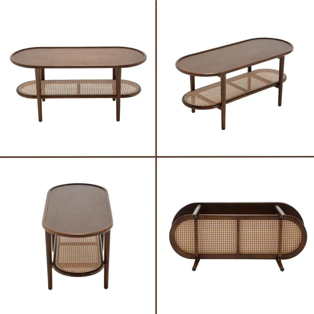Modern Walnut Rattan Coffee Table with Storage Shelf for Living Room
