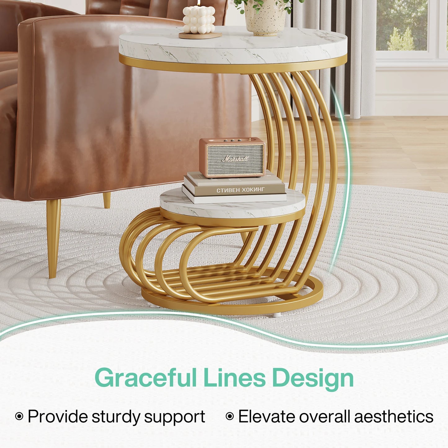 Tribesigns Gold Round End Table with Faux Marble and Storage Shelf