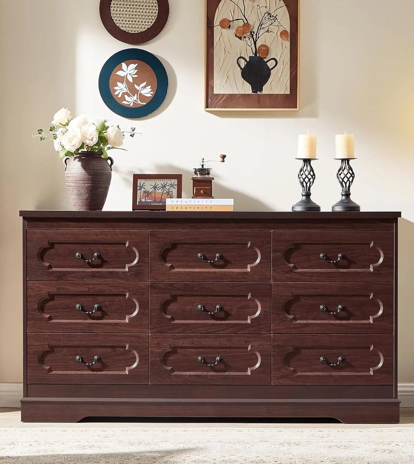 Farmhouse Cherry Wood Dresser Chest Of Drawers For Bedroom