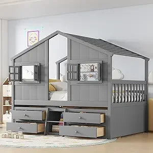 Pine Floor House Bunk Bed With Roof Window Storage