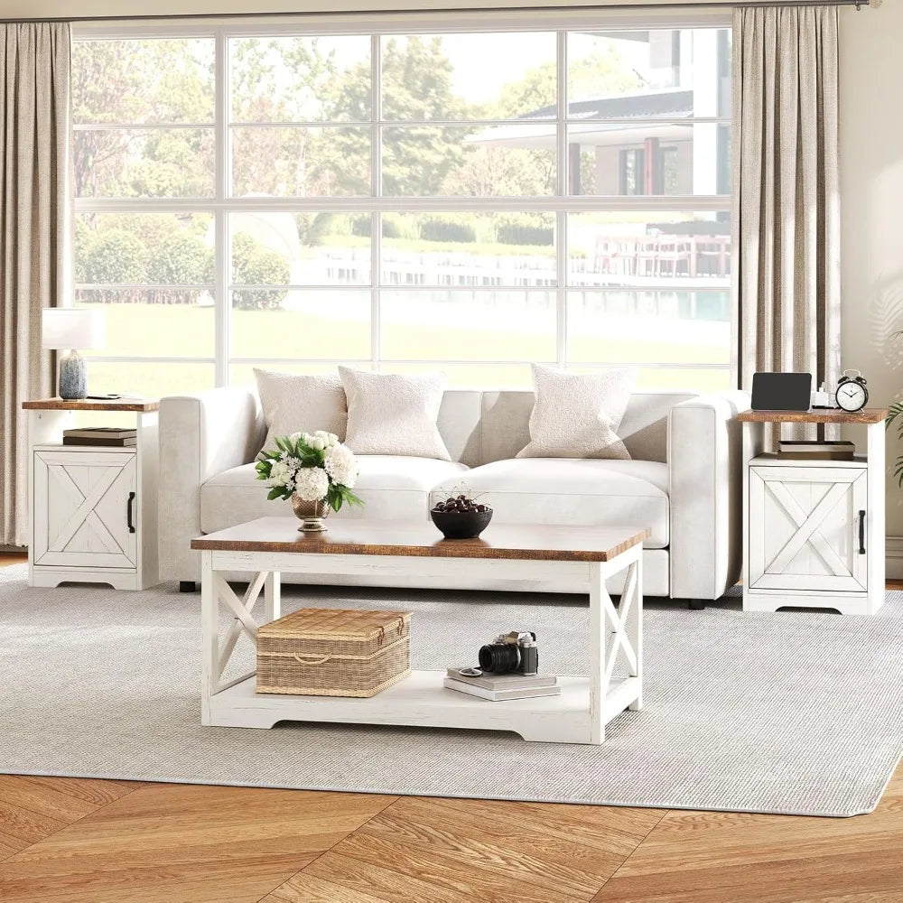 Farmhouse Living Room Table Set With Coffee Table Bundle