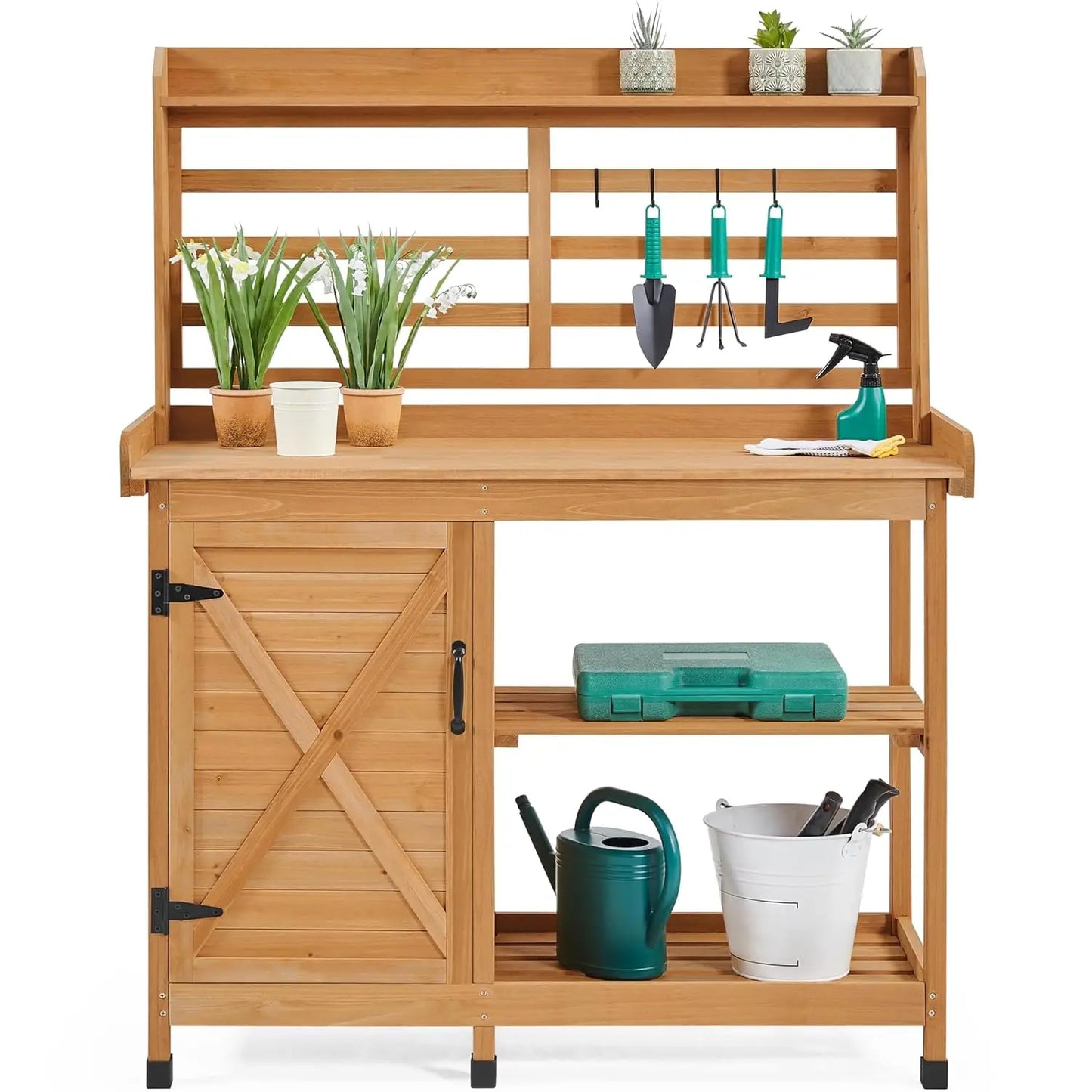 Outdoor Potting Bench Work Table With Storage Cabinet Shelf