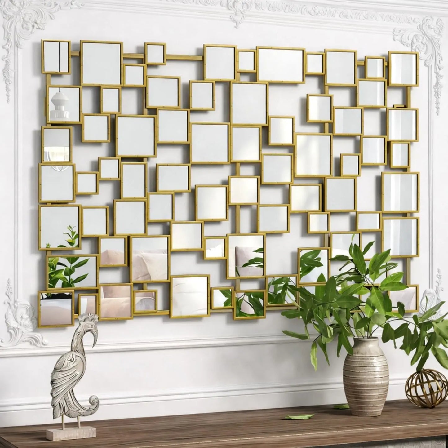 Modern Wall Mirror With Metal Frame Mosaic Design Accent