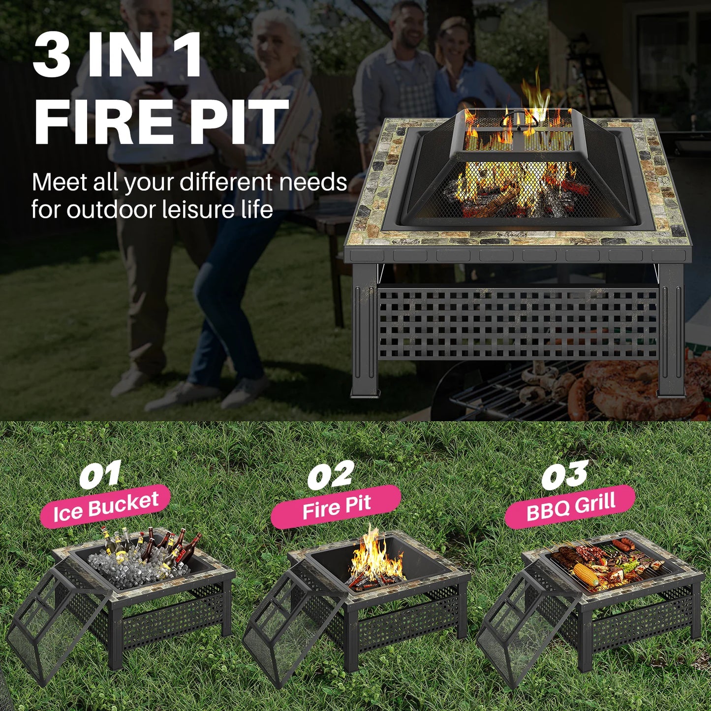 30 Inch Square Fire Pit Table with Mesh Lid and Fire Poker for Outdoor Use