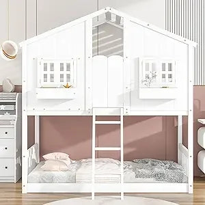 Pine Floor House Bunk Bed With Roof Window Storage